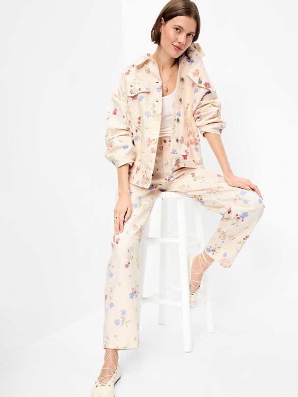 Oversized Floral Print Jean Trucker Jacket