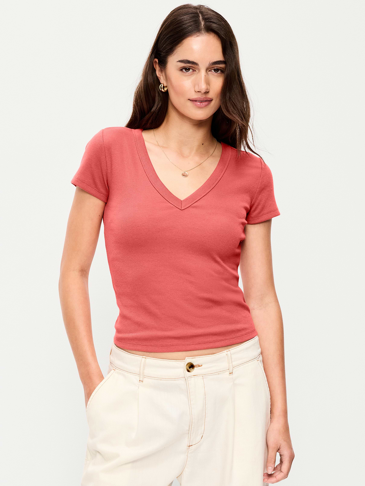 Snug Crop V-Neck Ribbed T-Shirt