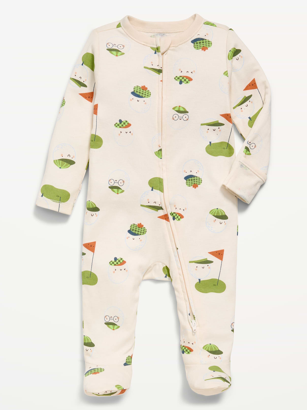 Image 1 of 2, crew neck, long sleeves, fold-over mittens at each sleeve, full-length reversible zipper, sewn-in feet, all-over print, Product #884759