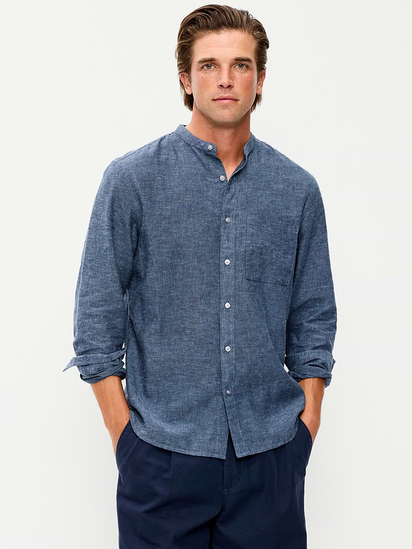 Chemise coupe classique à col à bande en mélange de lin