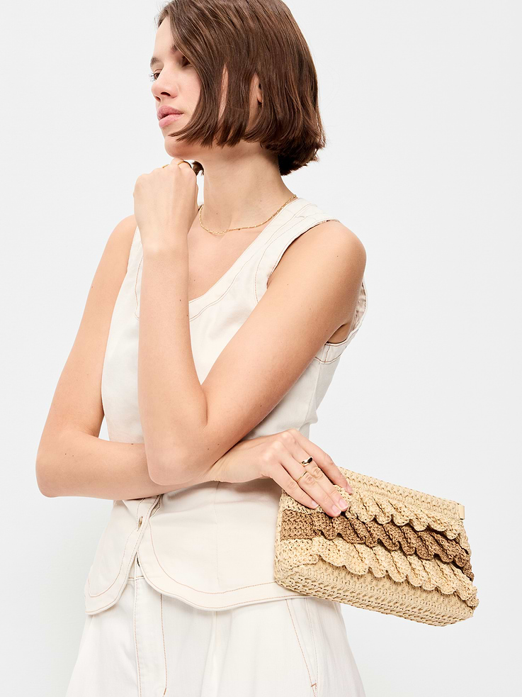 Image 2 of 5, Ruffled Raffia Shoulder Bag