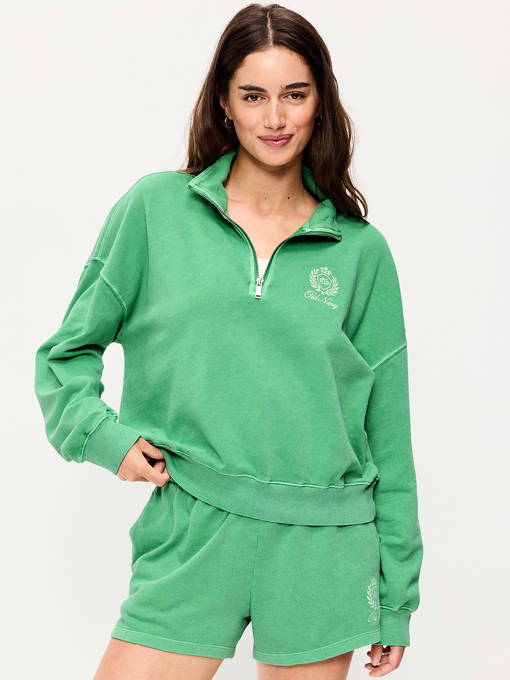 Image 1 of 5, mock neck, drop-shoulder sleeves, half-zip front, rib-knit trim, Product #874374