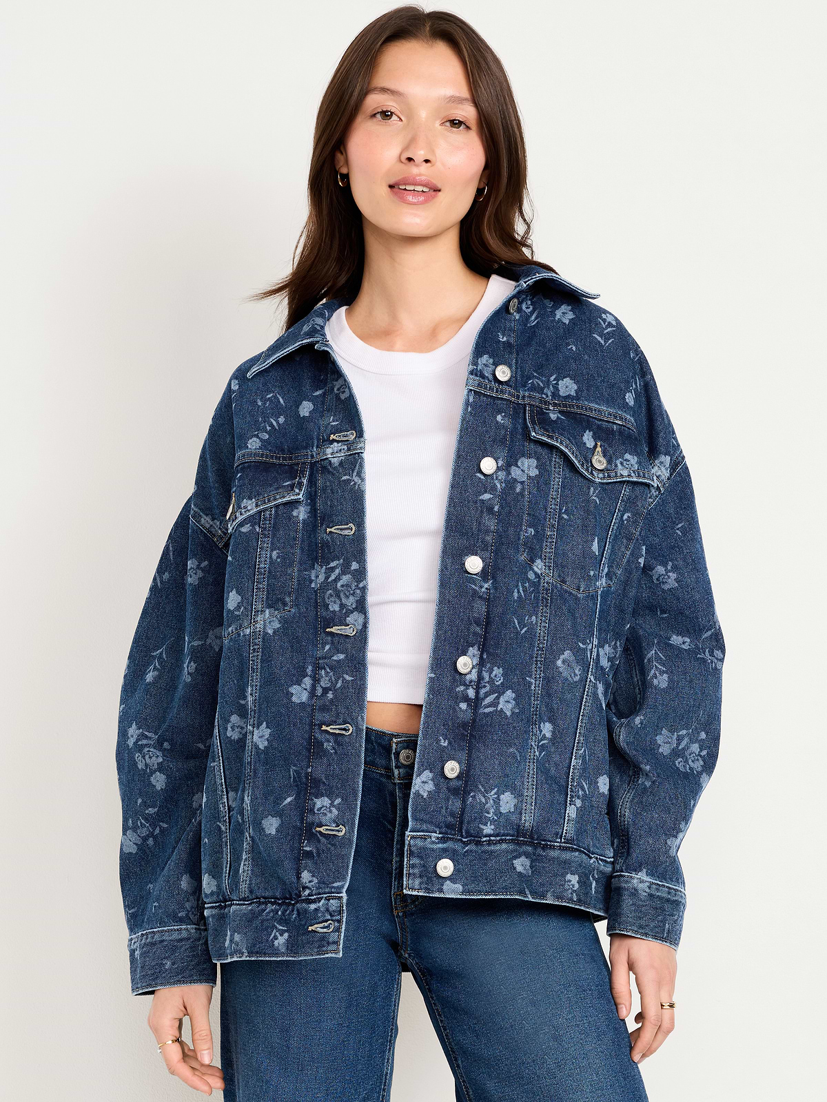 Oversized Floral Print Jean Trucker Jacket