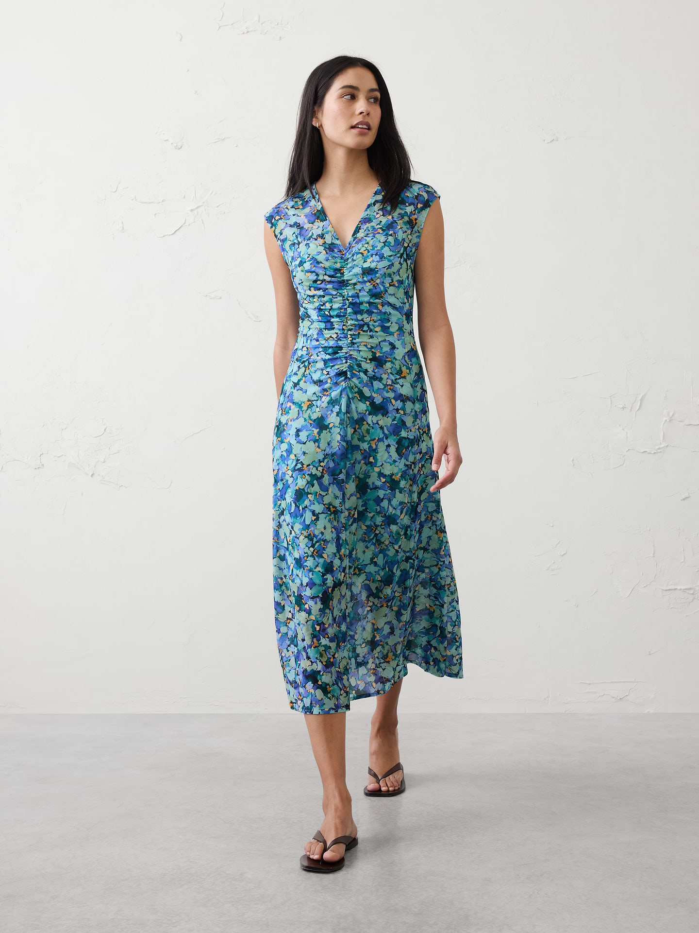Image number 1 showing, Mesh Shirred-Waist Long Midi Dress