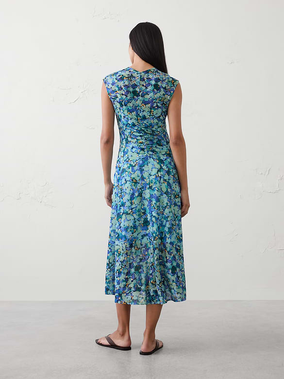 Mesh Shirred-Waist Long Midi Dress
