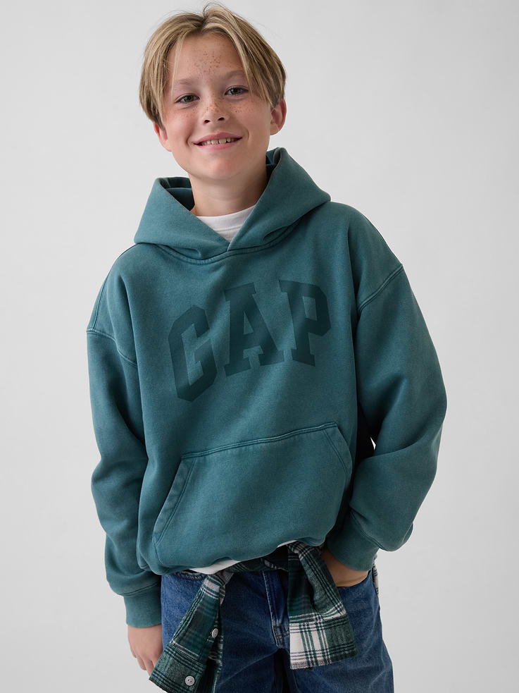 Image 1 of 5, Our softer than soft sweats. Brushed on the inside. Smooth on the outside. Made so that no two are alike., Soft cotton-blend fleece pullover hoodie in a relaxed fit., Hooded neckline., Long sleeves with drop shoulders., Gap arch logo at front., Kanga pocket., Banded cuffs & hem., Made with 23% recycled polyester. Compared to virgin materials, using recycled materials helps reduce resource use and waste., This product was made in a factory that invests in gender equity and women’s empowerment through RISE. Learn more at gapinc.com/equity ., Product #887340