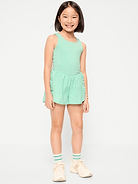 Image 1 of 5, square neckline, wide shoulder straps, deep scoop back, seamed waist, flowy exterior short with ruffle trim, built-in biker short, Product #880705