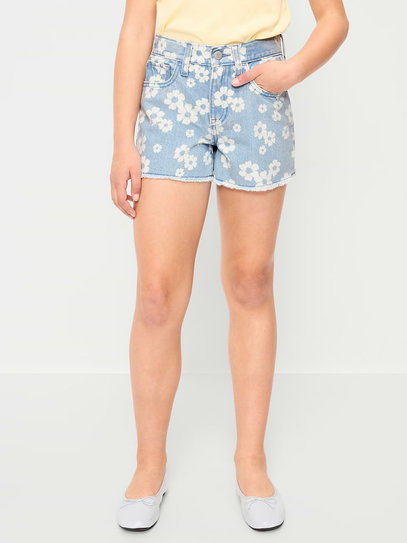 Short en denim à motif à taille haute et à ourlet effiloché pour fille