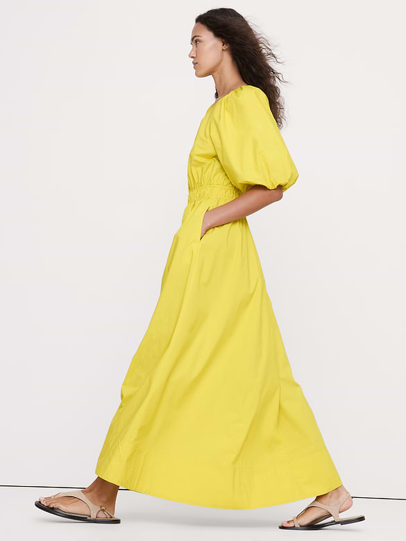 Cotton Poplin Puff-Sleeve Maxi Dress
