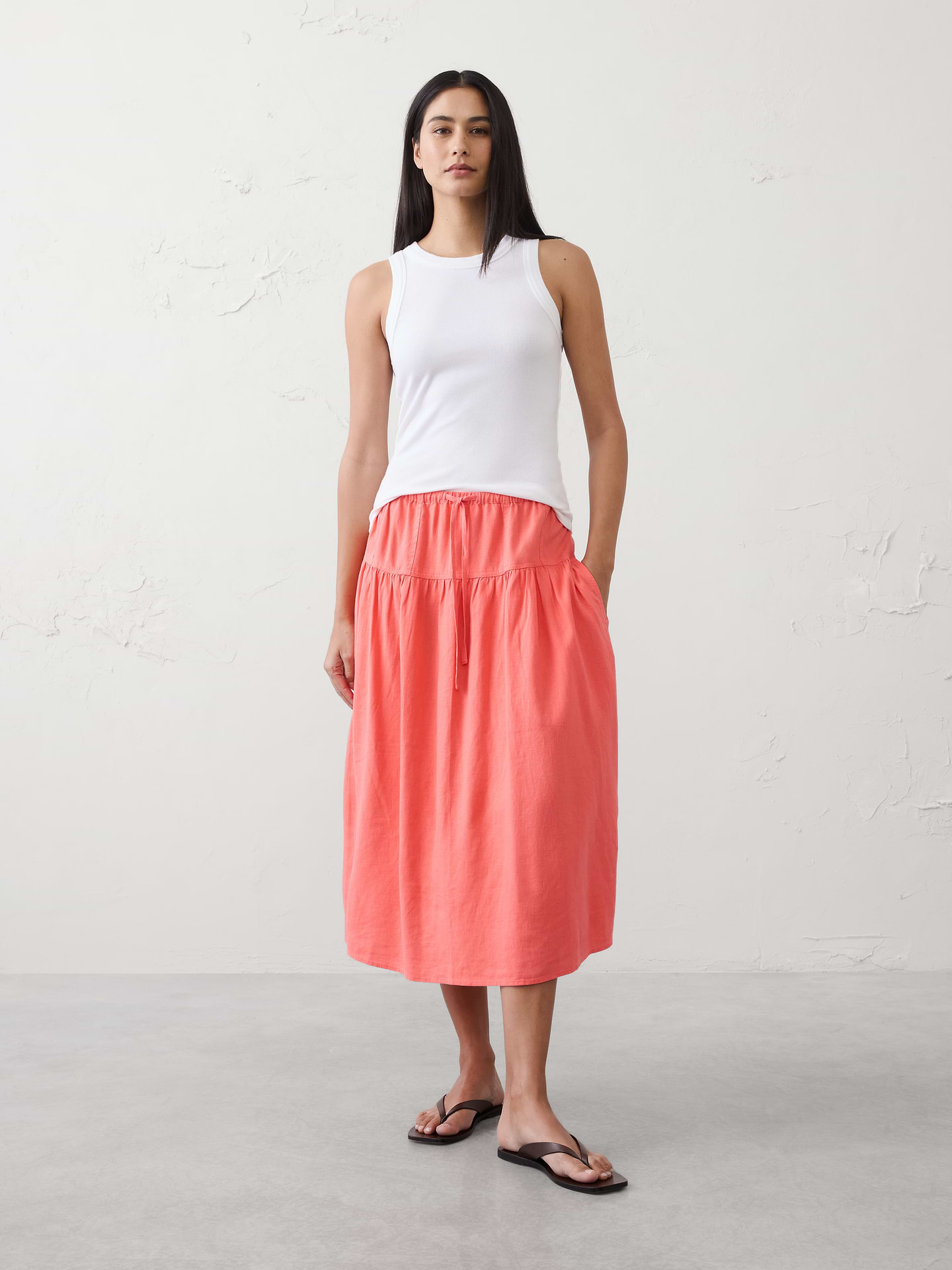 Image number 1 showing, Linen-Blend Drop-Waist Midi Skirt
