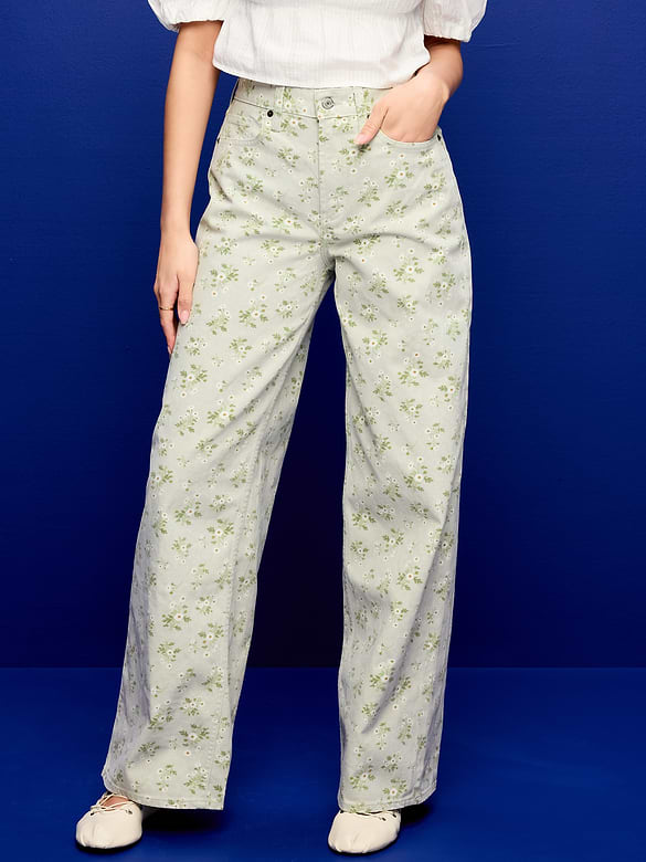 High-Waisted Baggy Floral Print Wide-Leg Jeans