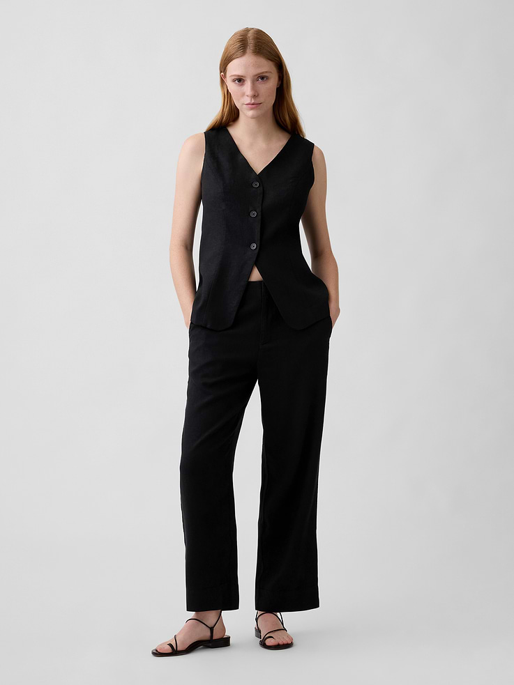 Image number 1 showing, High Rise Linen-Blend Straight Crop Pants