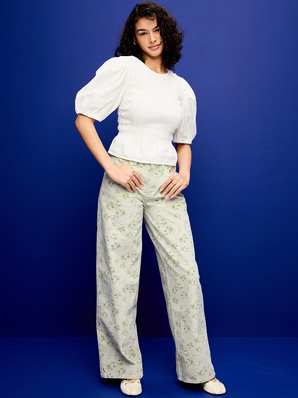 High-Waisted Baggy Floral Print Wide-Leg Jeans