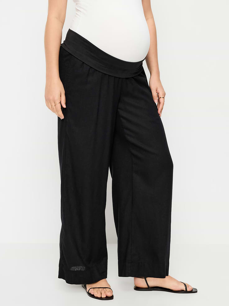 Image 2 of 5, Maternity Rollover Waist Linen-Blend Super Wide-Leg Pants