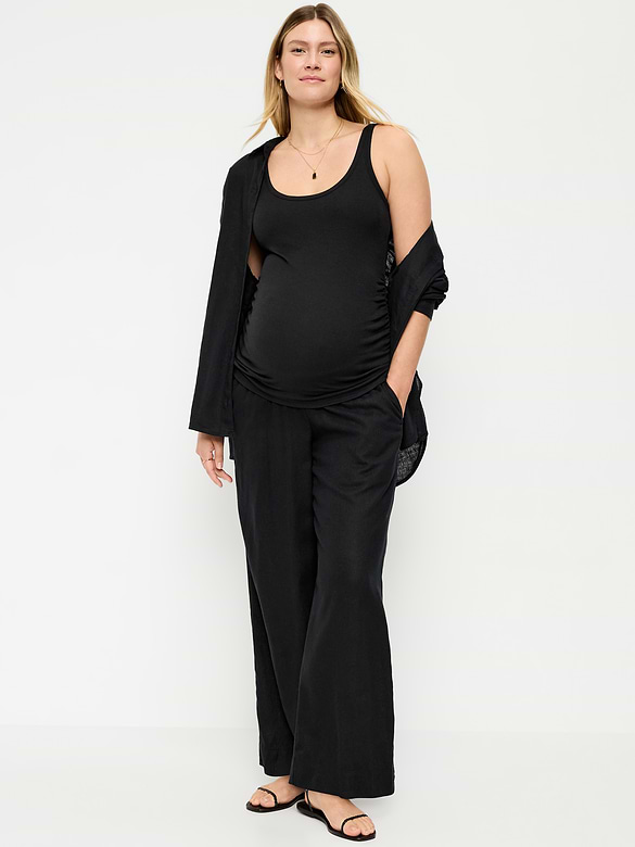 Pantalon de maternité à jambe ultra-large en mélange de lin avec taille rabattable