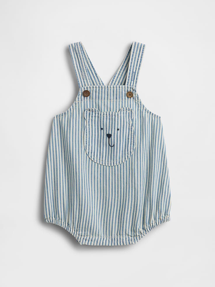 Image number 1 showing, Baby Denim Stripe Bear Pocket Bubble Overalls