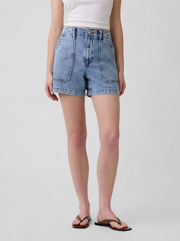 4" High Rise Soft Denim Utility Shorts