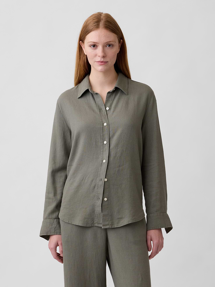 Image 1 of 5, Smooth linen blend., Long sleeves with button cuffs., Spread collar, button front., Patch pocket at chest., Curved shirttail hem is slightly longer at back., Select styles have allover stripes., This product was made in a factory that invests in gender equity and women’s empowerment through RISE. Learn more at, Product #751154