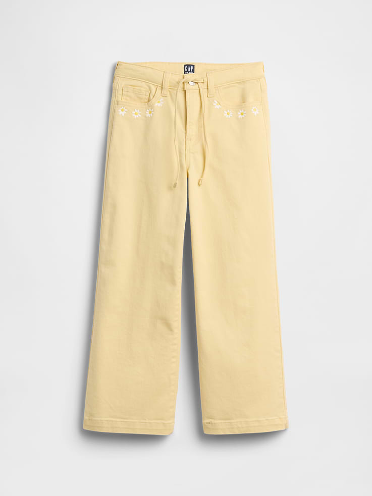 Image number 1 showing, Kids High Rise Embroidered Drawstring Wide-Leg Jeans