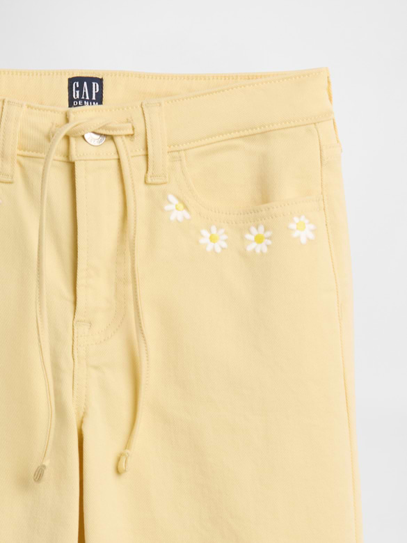 Kids High Rise Embroidered Drawstring Wide-Leg Jeans