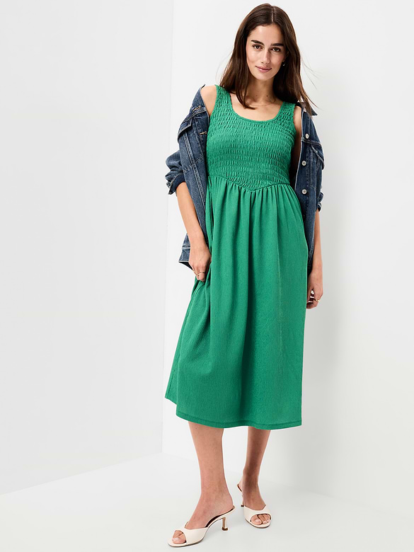Fit & Flare Lightweight Smocked-Bodice Midi Dress