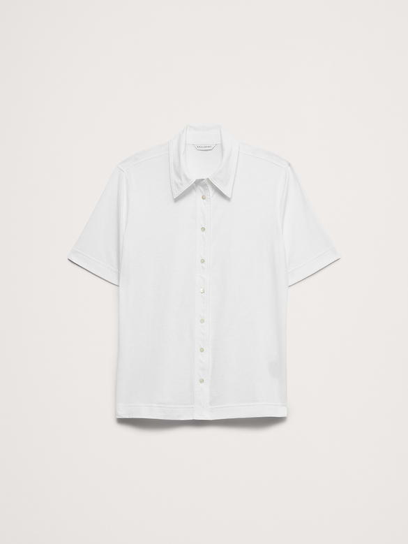 Silky Cotton Short-Sleeve Button-Down Top