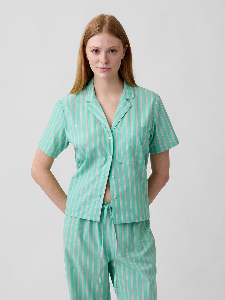Image 1 of 4, Smooth poplin sleep shirt., Short sleeves., Lapel collar, button front., Patch pocket at chest., Select styles have allover print or stripes., Product #1172401