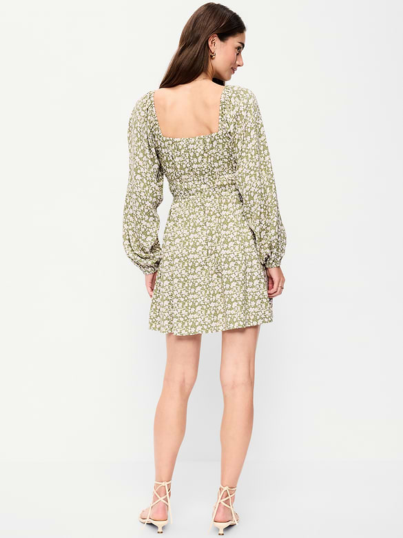 Long-Sleeve Square-Neck Mini Dress
