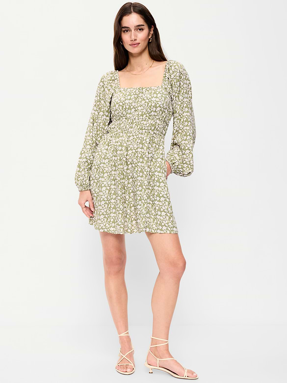 Long-Sleeve Square-Neck Mini Dress