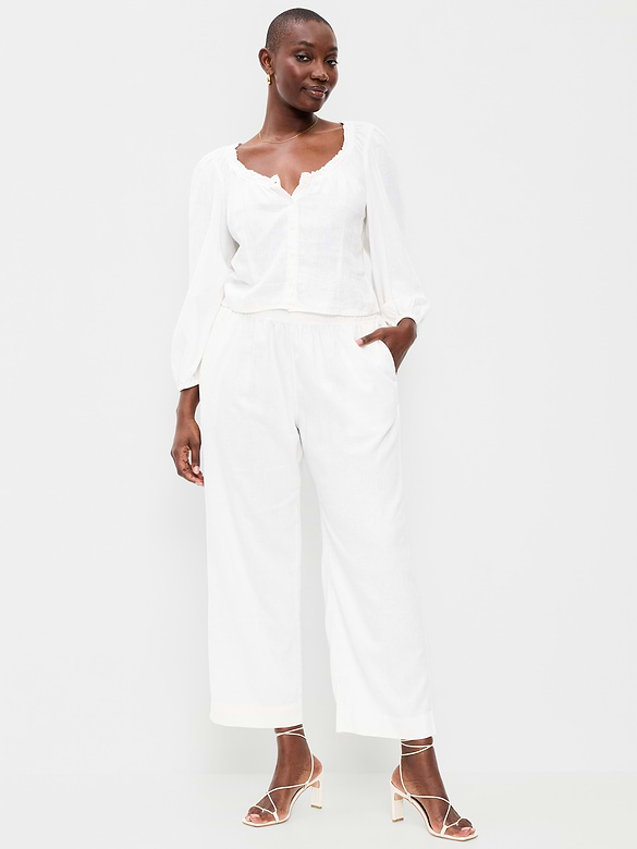 High-Waisted Linen-Blend Straight Ankle Pants