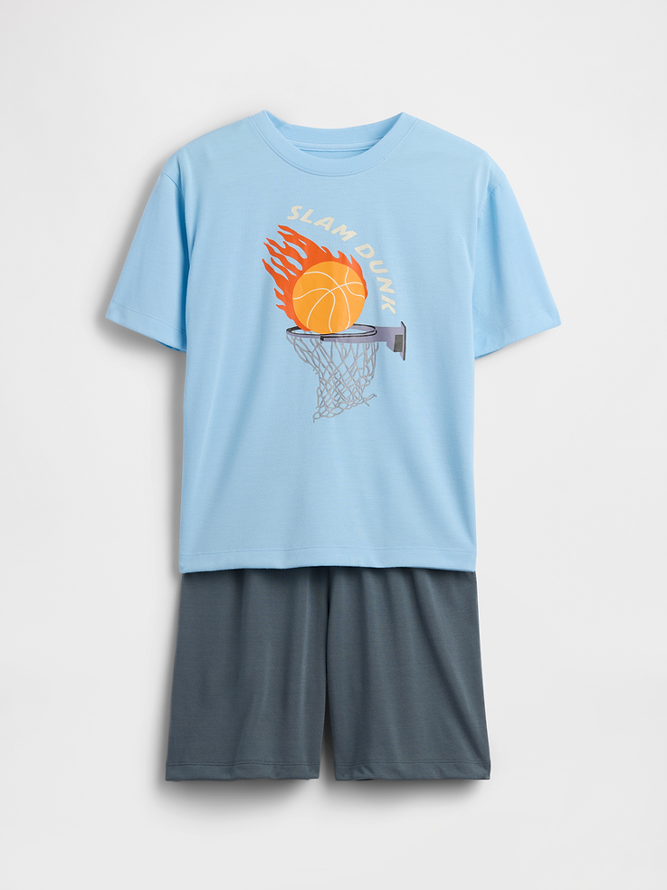Image 1 of 3, Soft knit jersey oversized T-shirt and shorts pajama set., Crewneck., Short sleeves with drop shoulders., Basketball graphics at front., Elasticized waist at PJ shorts., Made with 100% recycled polyester. Compared to virgin materials, using recycled materials helps reduce resource use and waste., This product was made in a factory that invests in gender equity and women’s empowerment through RISE. Learn more at gapinc.com/equity ., Product #884626