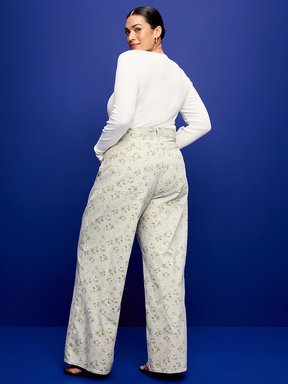 High-Waisted Baggy Floral Print Wide-Leg Jeans
