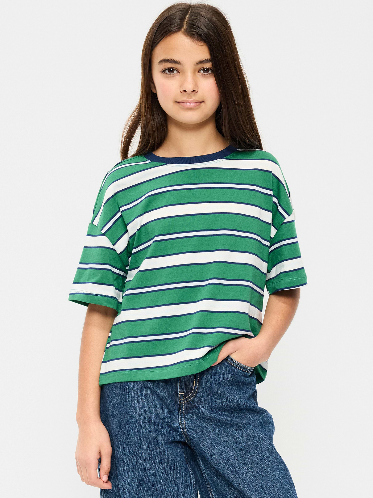 Image 1 of 3, crew neck, short sleeves, drop shoulders, all-over stripes or print, Product #864546