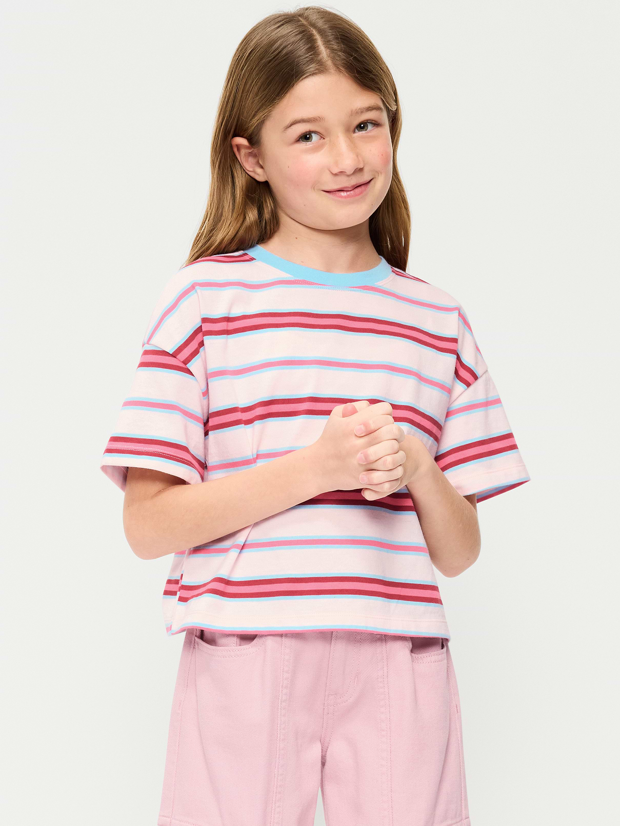 Image 1 of 3, crew neck, short sleeves, drop shoulders, all-over stripes or print, Product #864546
