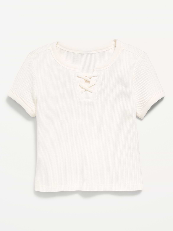 Fitted Short-Sleeve Lace-Up Waffle-Knit Top for Girls