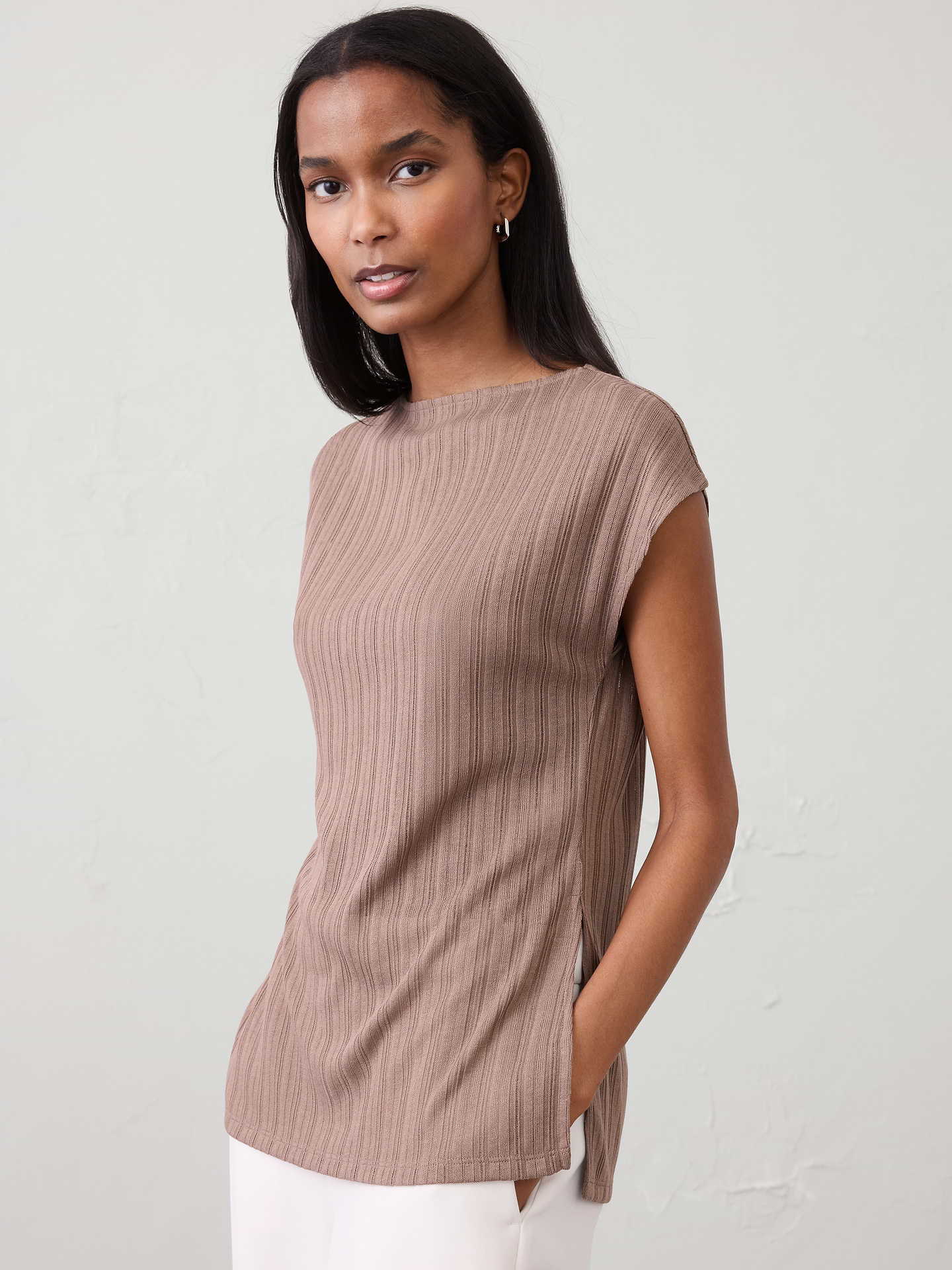 Image number 1 showing, Sheer Ribbed Straight-Neck Top