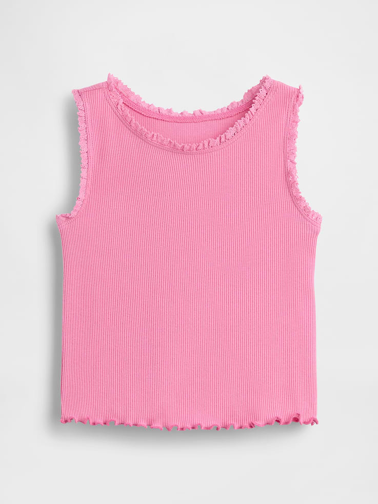Image 1 of 2, Our favorite mix-and-match essentials go from tummy time to playtime in no time. All made with soft cotton in playful prints and bright colors., Soft ribbed cotton tank top., Round neck., Keyhole button closure at back neck for sizes up to 18-24., Sleeveless., Crochet lace trim detail at neckline and arm holes., Lettuce hem., This product was made in a factory that invests in gender equity and women’s empowerment through RISE. Learn more at gapinc.com/equity ., Product #882234