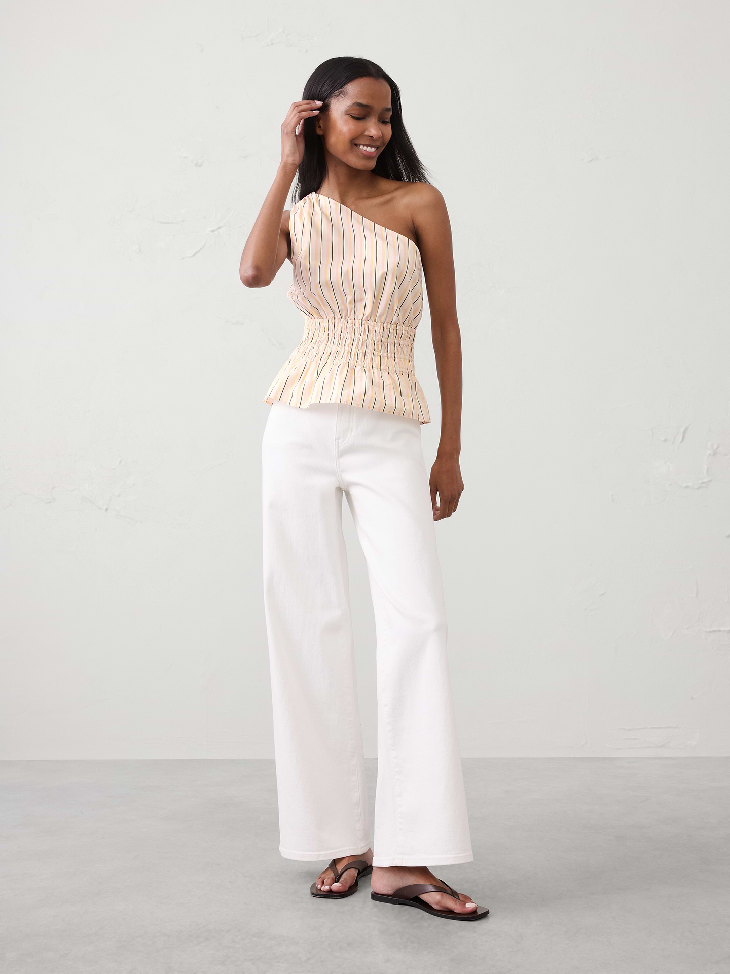 Image number 1 showing, Voile One-Shoulder Smocked Top