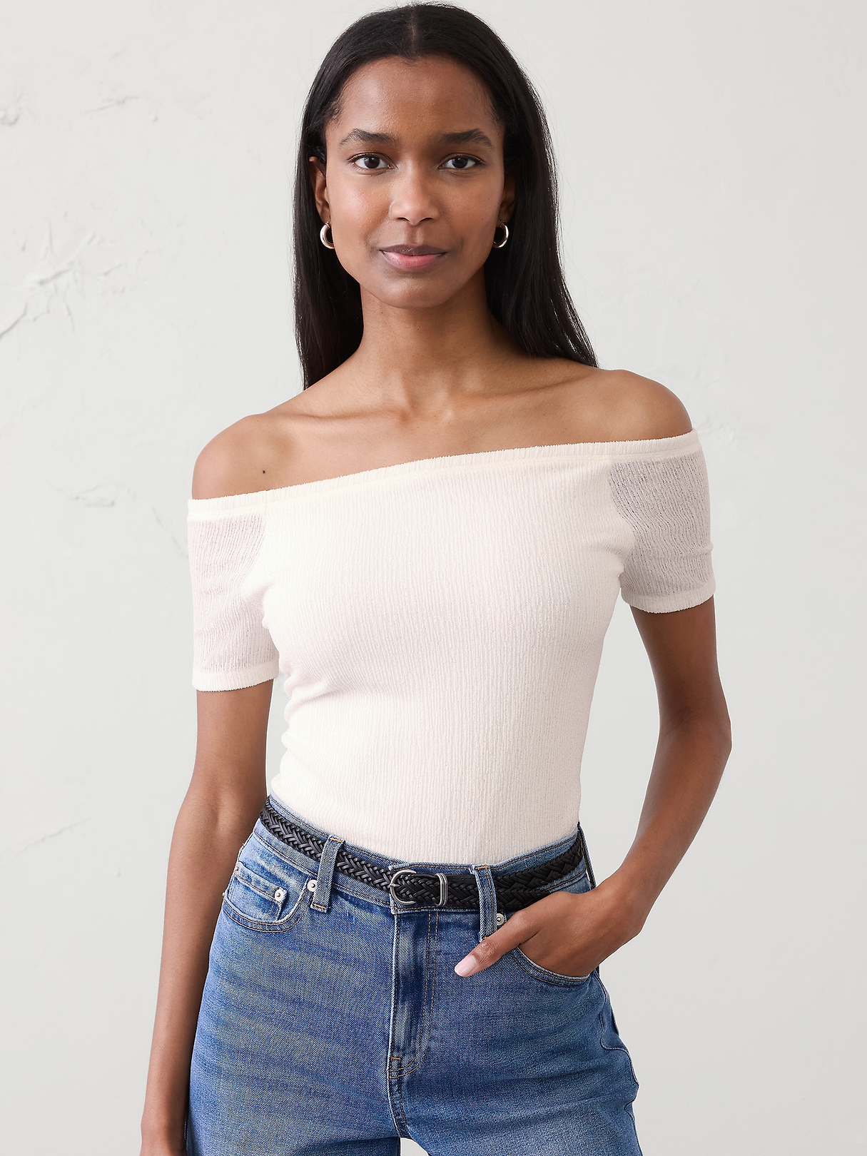 Off-Shoulder Jacquard Crinkle Top | Banana Republic Factory