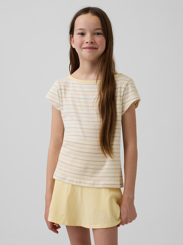 Image 1 of 4, Soft cotton fitted T-shirt., Boat neck., Cap sleeves., Allover stripes., This product was made in a factory that invests in gender equity and women’s empowerment through RISE. Learn more at gapinc.com/equity ., Product #880154