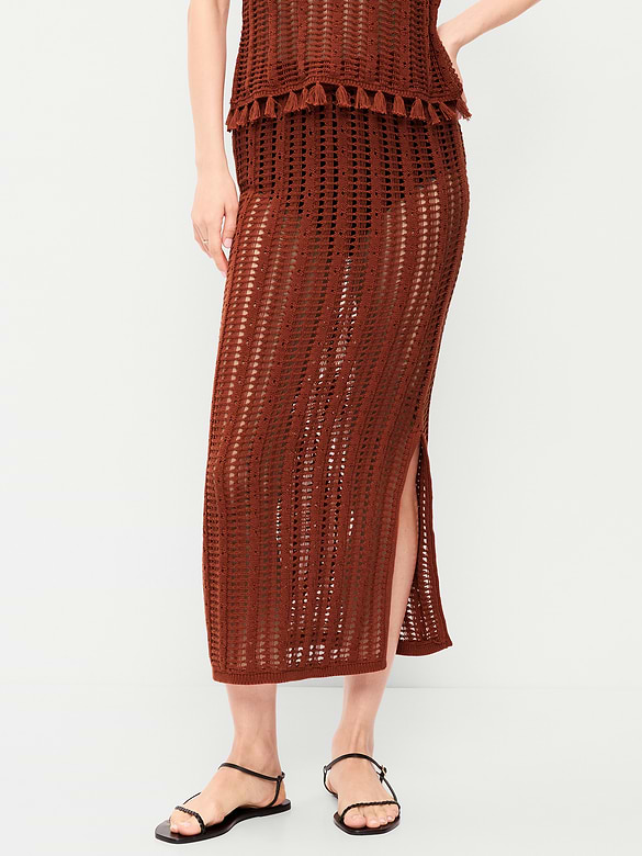 Open-Weave Seaside Cotton Column Maxi Skirt