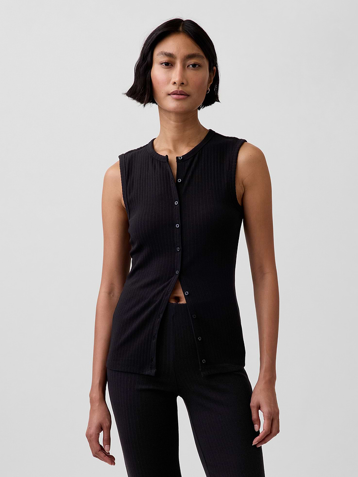 Image number 1 showing, Modern Wide Rib Button-Front Top