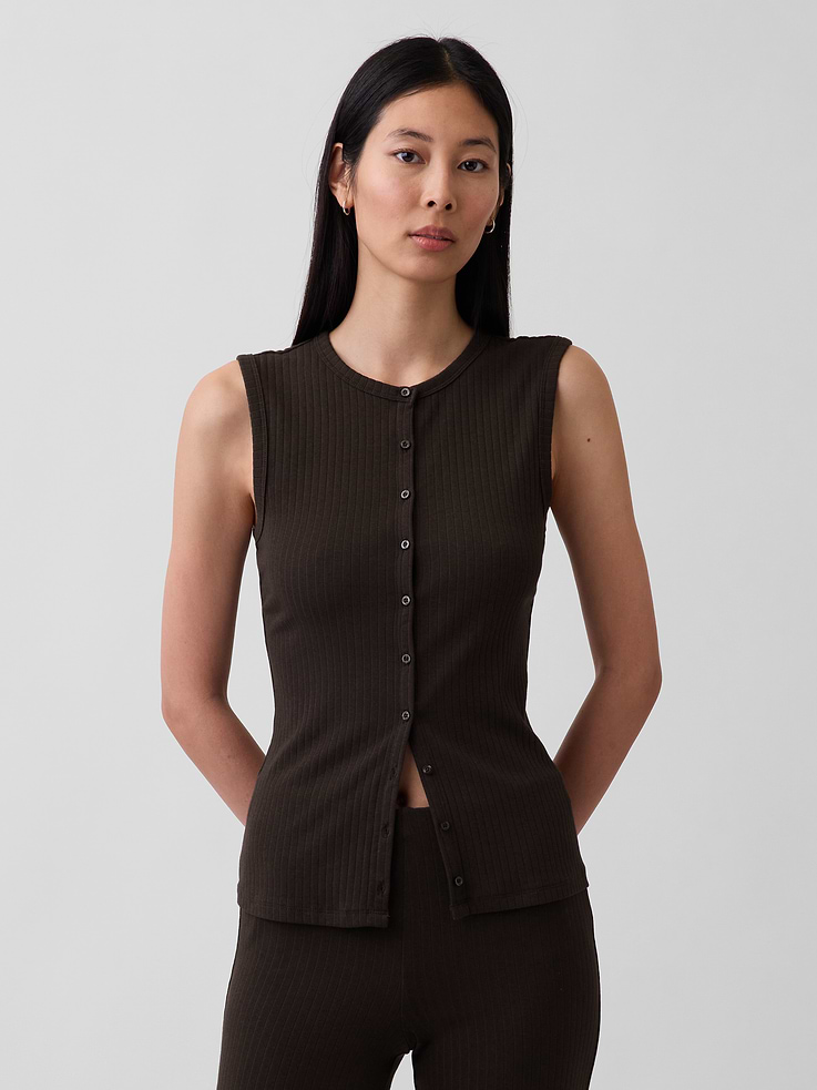 Image number 1 showing, Modern Wide Rib Button-Front Top