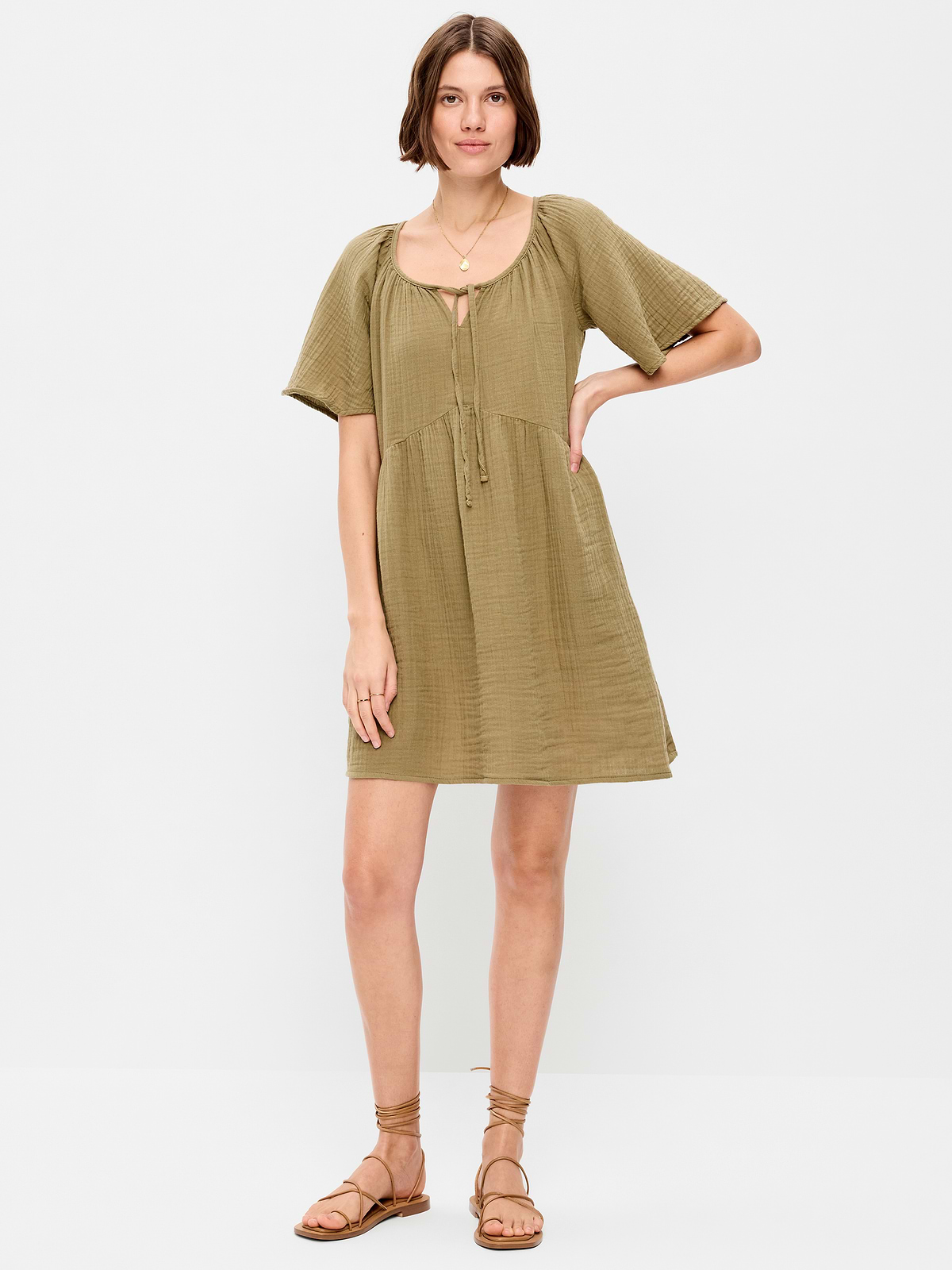 Crinkle Gauze Flutter-Sleeve Mini Swing Dress