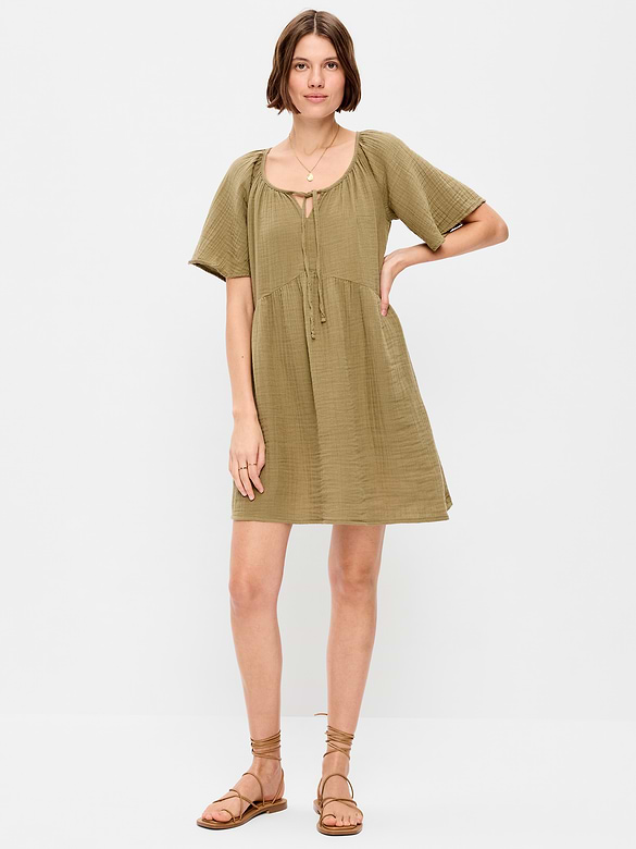 Crinkle Gauze Flutter-Sleeve Mini Swing Dress