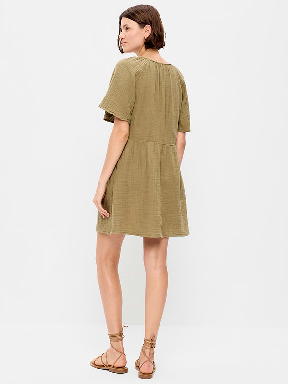 Crinkle Gauze Flutter-Sleeve Mini Swing Dress