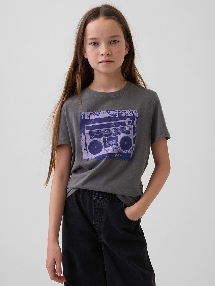 Image 1 of 4, Soft cotton jersey graphic T-shirt in a relaxed fit., Crewneck., Short sleeves., Assorted graphics at front., This product was made in a factory that invests in gender equity and women’s empowerment through RISE. Learn more at gapinc.com/equity ., Product #894383