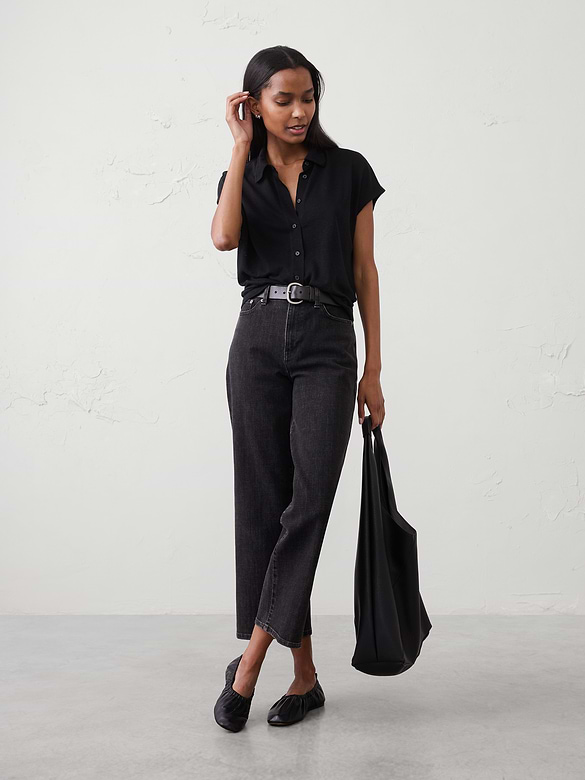 Linen-Blend Collared Top