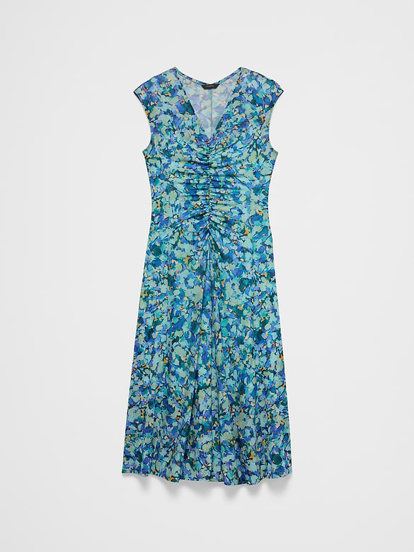 Mesh Shirred-Waist Long Midi Dress