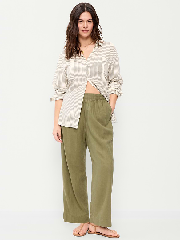 High-Waisted Linen-Blend Straight Ankle Pants